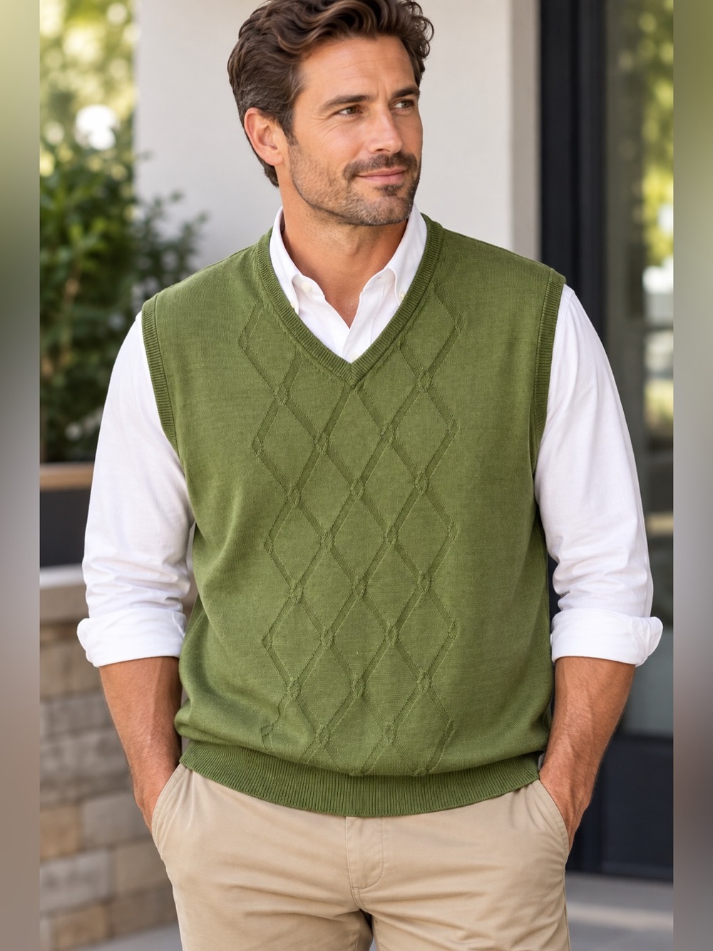 TEHAMA Olive Green V-Neck Argyle Knit Vest Size L Preppy Classic Grandpa Core